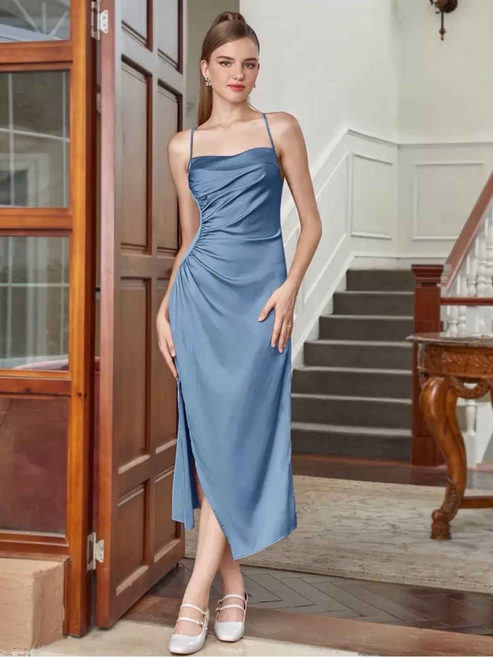 SHEIN Blue Satin Ruched Midi Slip Dress